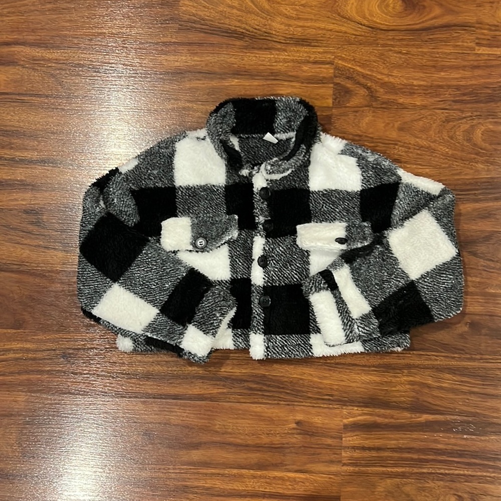 SHEIN Girls Buffalo Plaid Print Drop Shoulder Teddy Jacket.